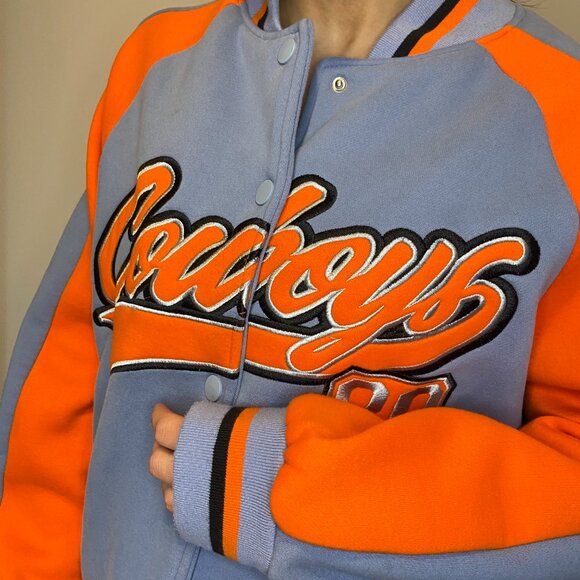 Edikted Cowboys Varsity Sweatshirt Jacket - Orange and Blue - Picture 3 of 8